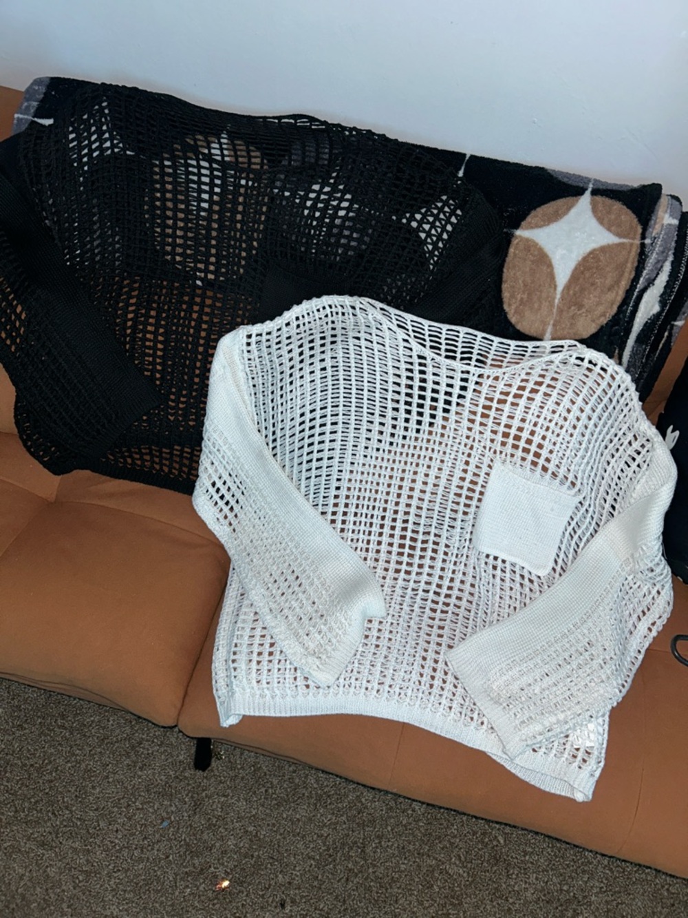 Women's Open-Knit Long Sleeve Sweaters - White & Black